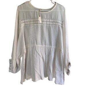 World Market Womens L/XL White Cotton Tunic Blouse Boho Stitch Detailing Sleeves